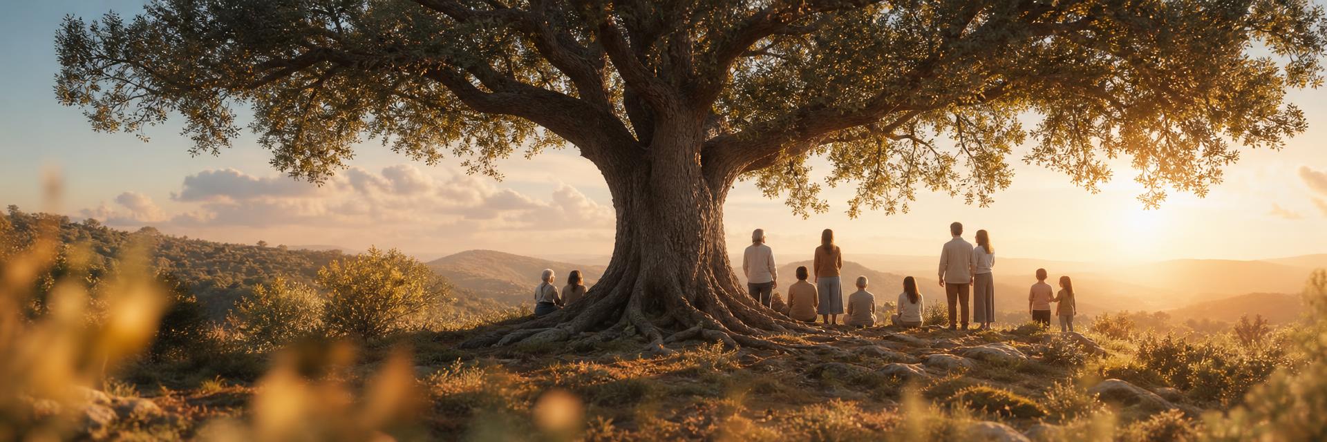 A golden-hour gathering of family silhouettes beneath an ancient oak tree.