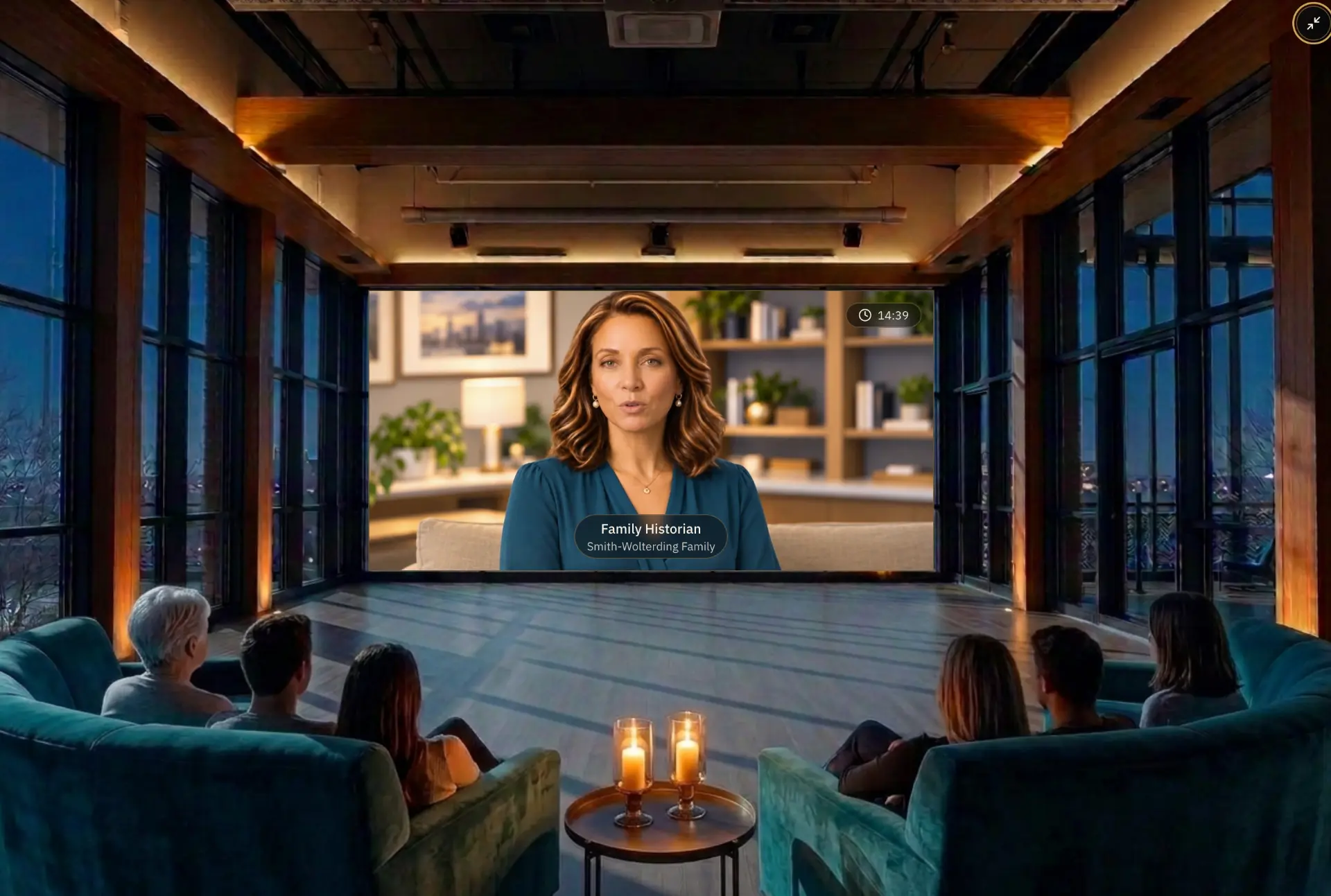 The Conversation Lounge at night: family members on teal velvet sofas watch the Family Historian speak from the loft window