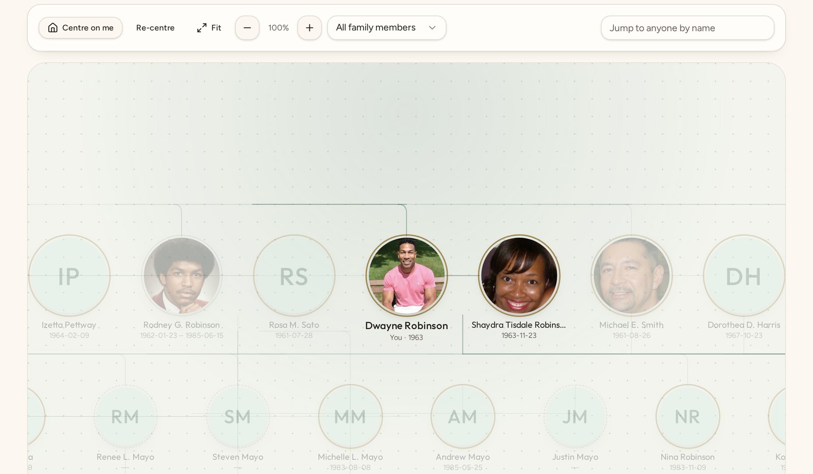 Family Connect visual family tree showing circular portrait medallions of relatives across three generations