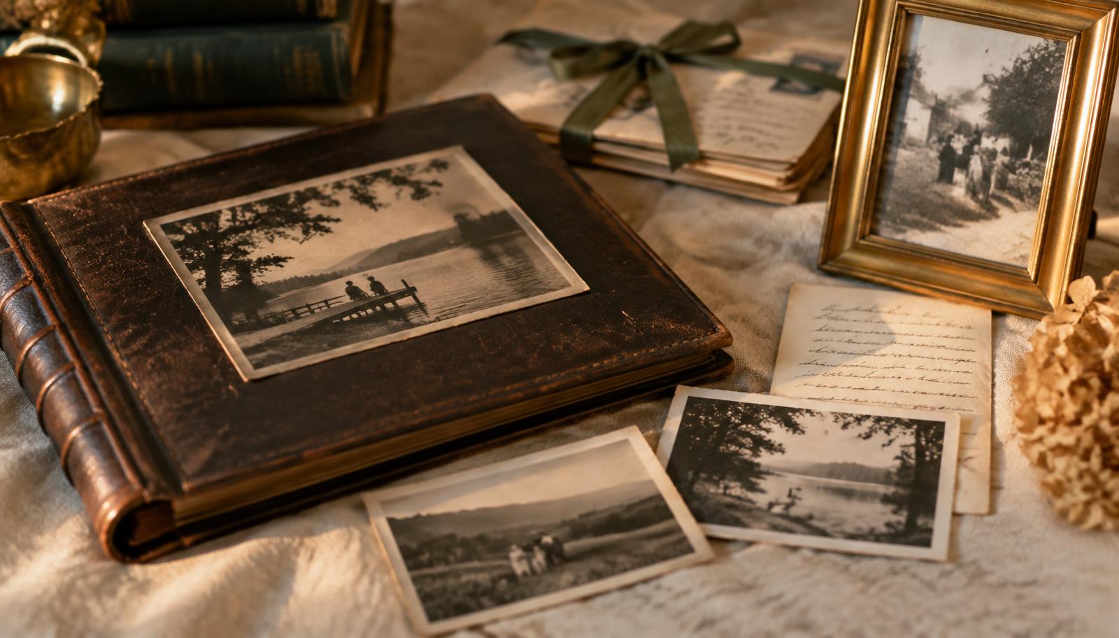 Family photographs, letters and an album laid out on ivory linen