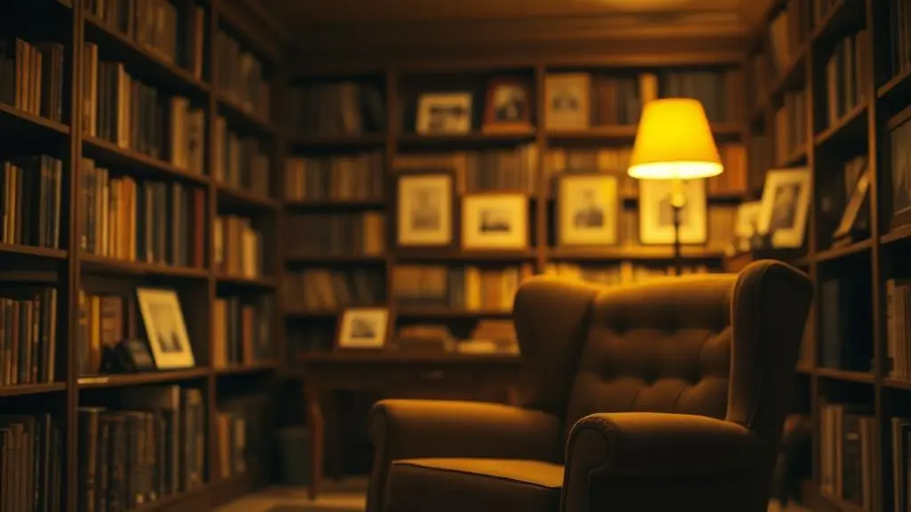 A warm library setting where the family historian appears for conversations.