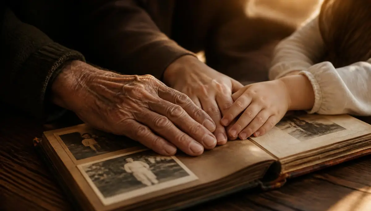 Three generations of hands resting together on an open family photo album.