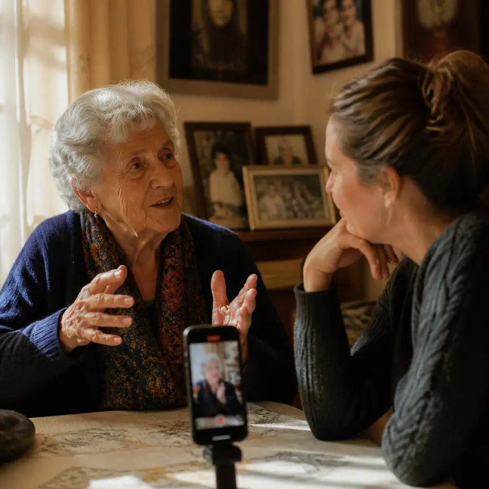 An elder telling a family story while a younger relative records the conversation.